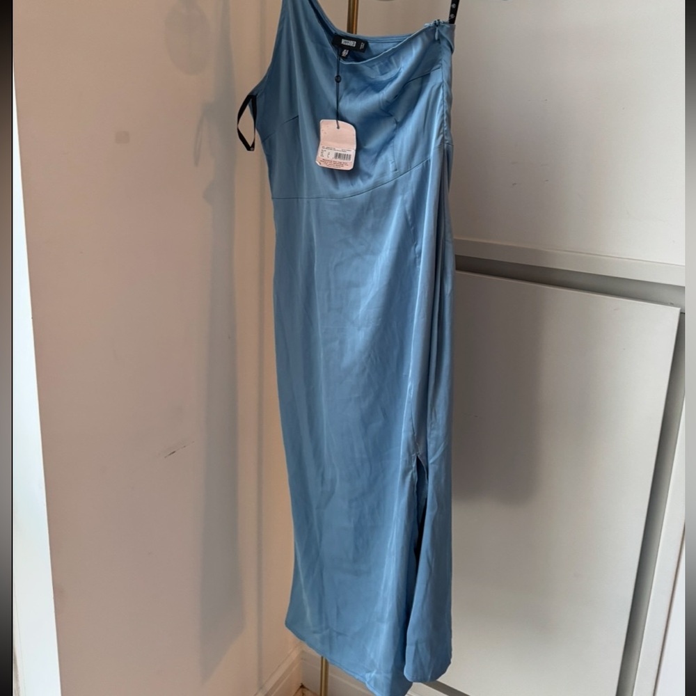 Missguided Light Blue Satin Midi Slip Dress